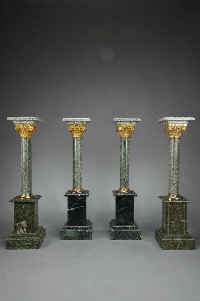 4 Columns In Green D'estours Marble And Gilded Bronze Corinthian Capital