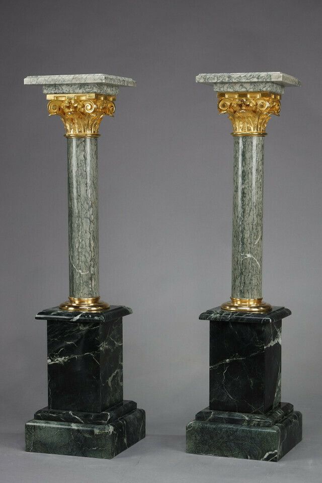 4 Columns In Green D'estours Marble And Gilded Bronze Corinthian Capital photo vintage