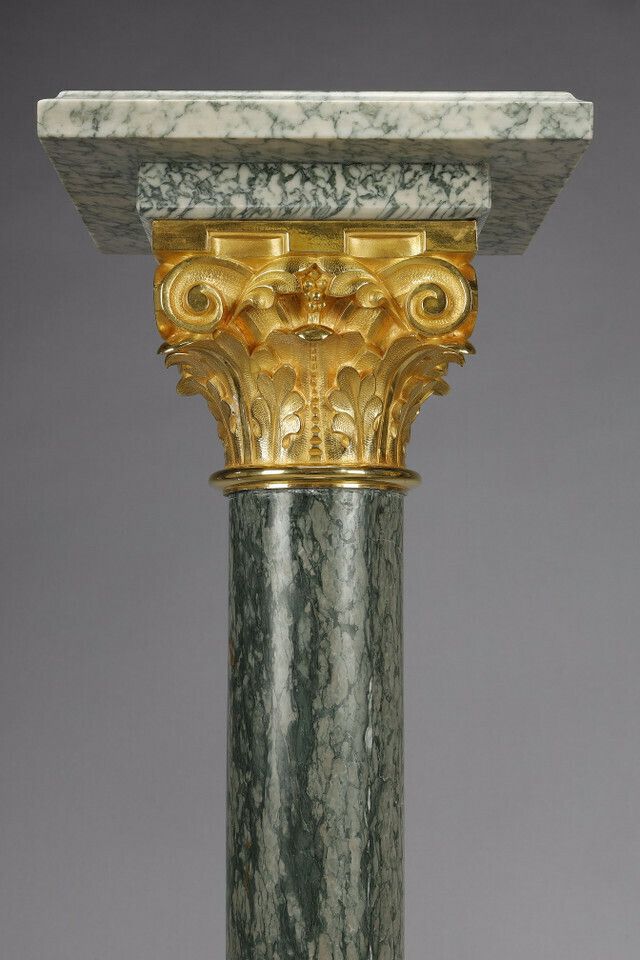 photo furniture Pair Of Columns In Green Estours Marble And Light Green Base With Corinthian Capitals