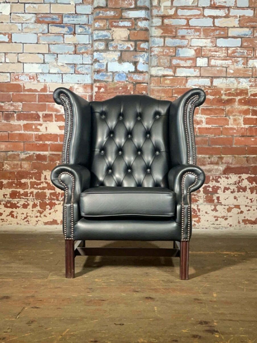 Premium Matt Black Leather Georgian Style Chair & Matching Footstool photo for sale