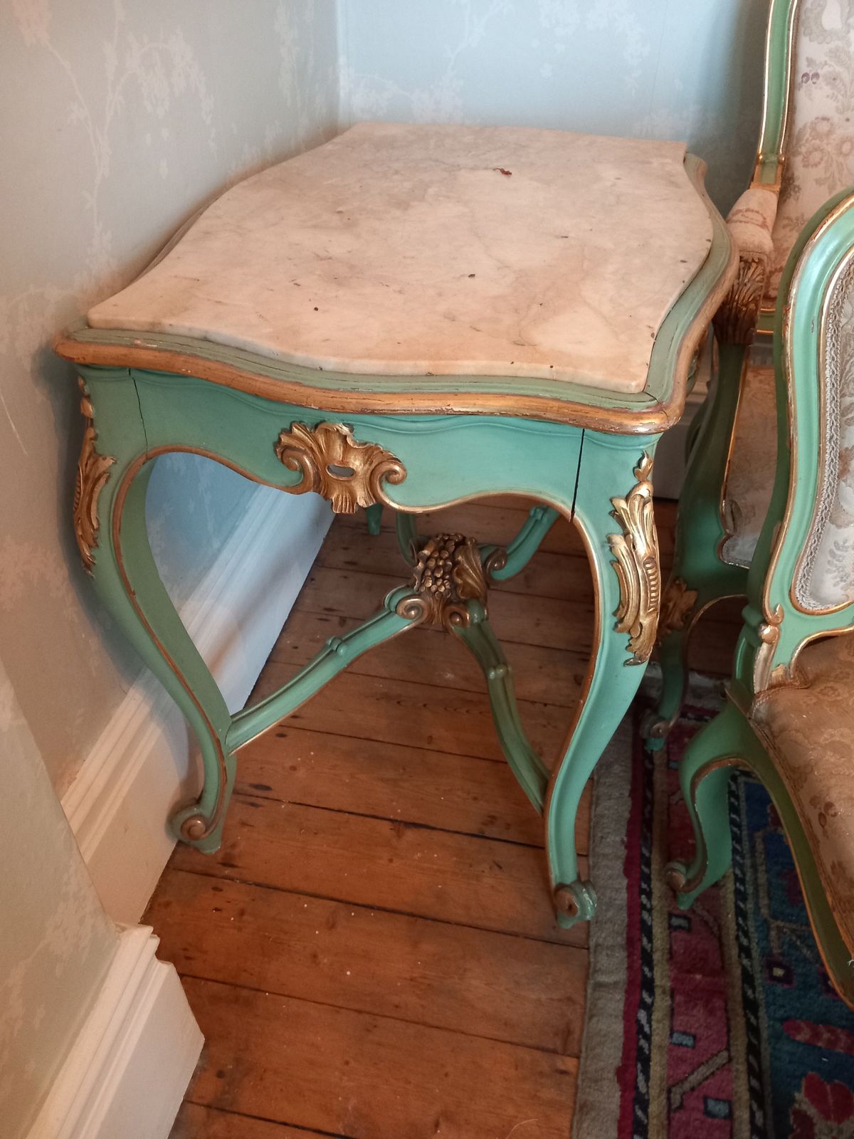 Rococo French Floral, 8 Piece Green And Gold Boudoir Suite Including Table photo Furniture