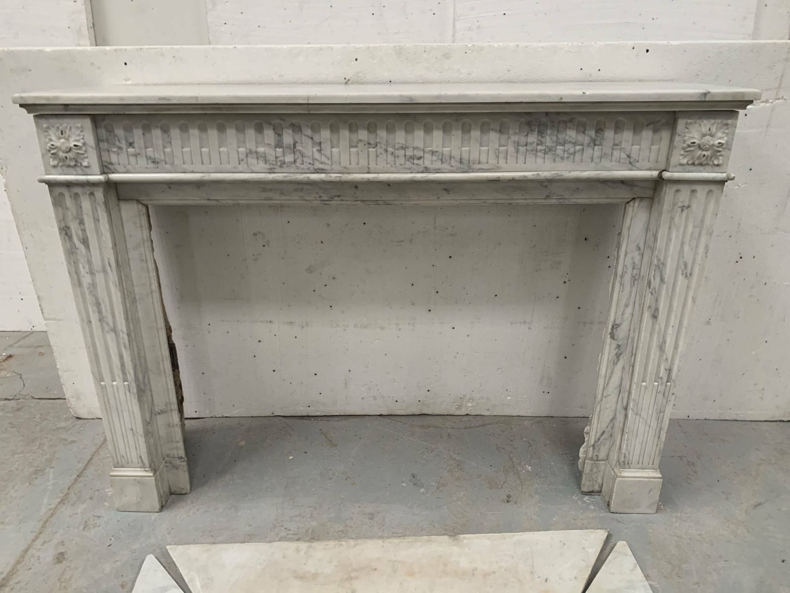 Louis XVI Style Fireplace In White Veined Carrara Marble, 19th Century photo for sale