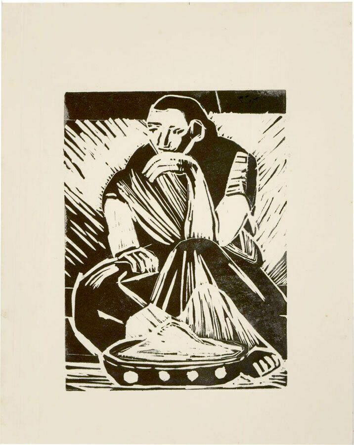 Patricia Johnstone (1944 2023) Contemporary Woodcut, Seated Woman photo furniture