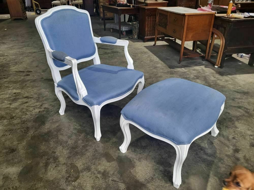 Antique Repro French Painted Arm Chair Cabriole Legs Blue Fabric  Footstool