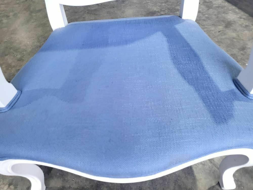 Antique Repro French Painted Arm Chair Cabriole Legs Blue Fabric  Footstool photo 240.0