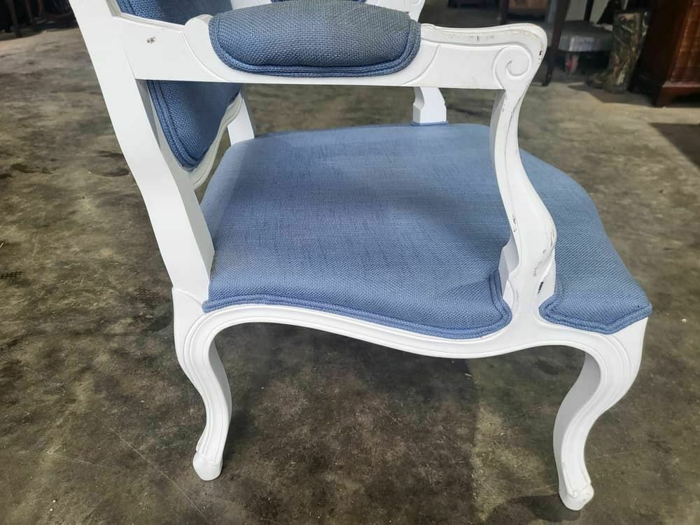 Antique Repro French Painted Arm Chair Cabriole Legs Blue Fabric  Footstool photo vinterior