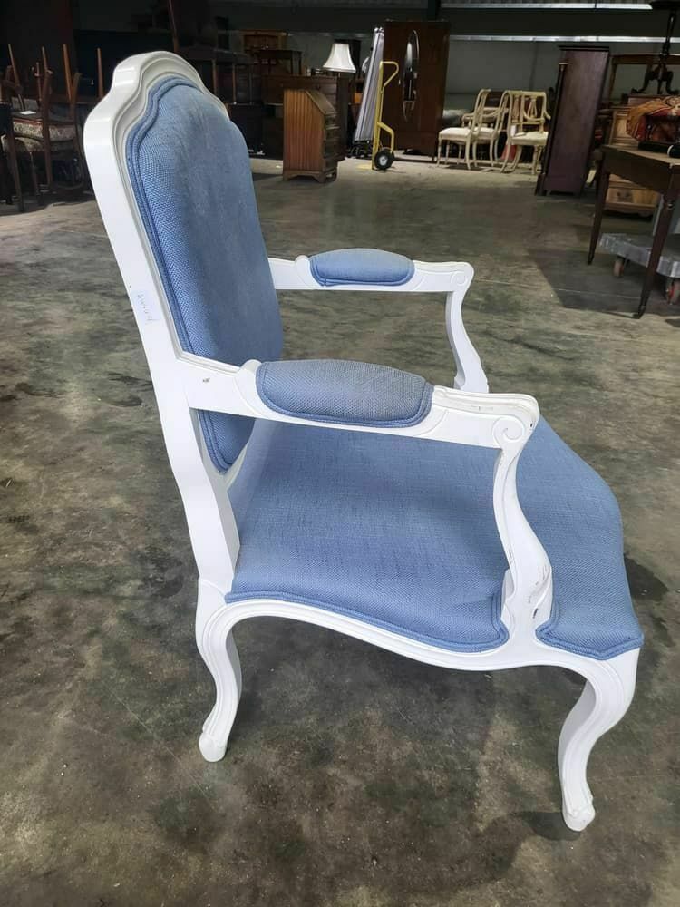 photo furniture Antique Repro French Painted Arm Chair Cabriole Legs Blue Fabric  Footstool