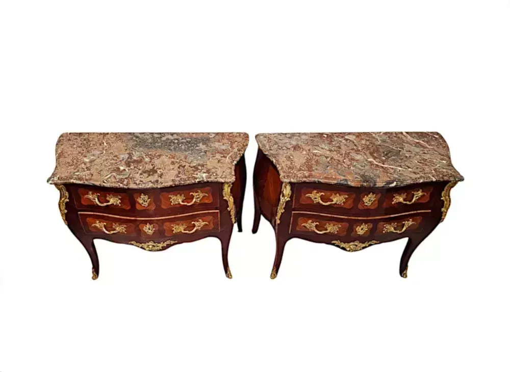 A Very Rare Pair Of 19th Century Marble Top Bombe Shaped Chests Or Commodes photo for sale