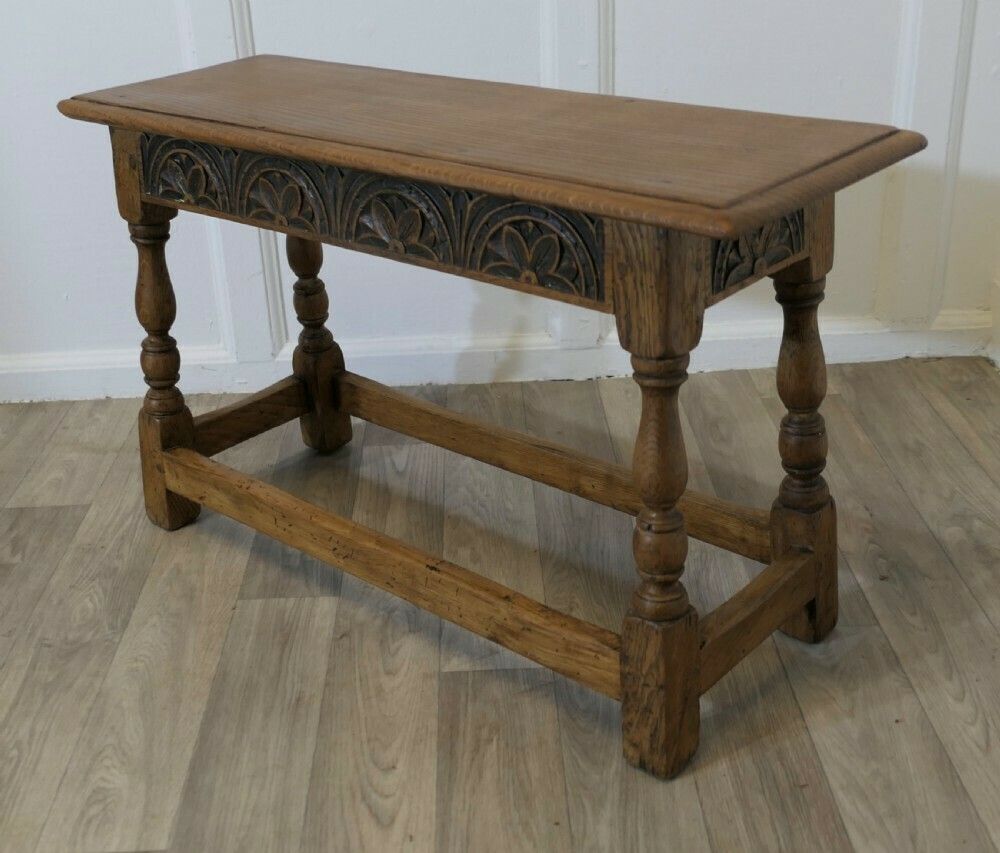 Arts And Crafts Carved Country Golden Oak Joint Stool Window Seat, Hall Bench photo 720.0