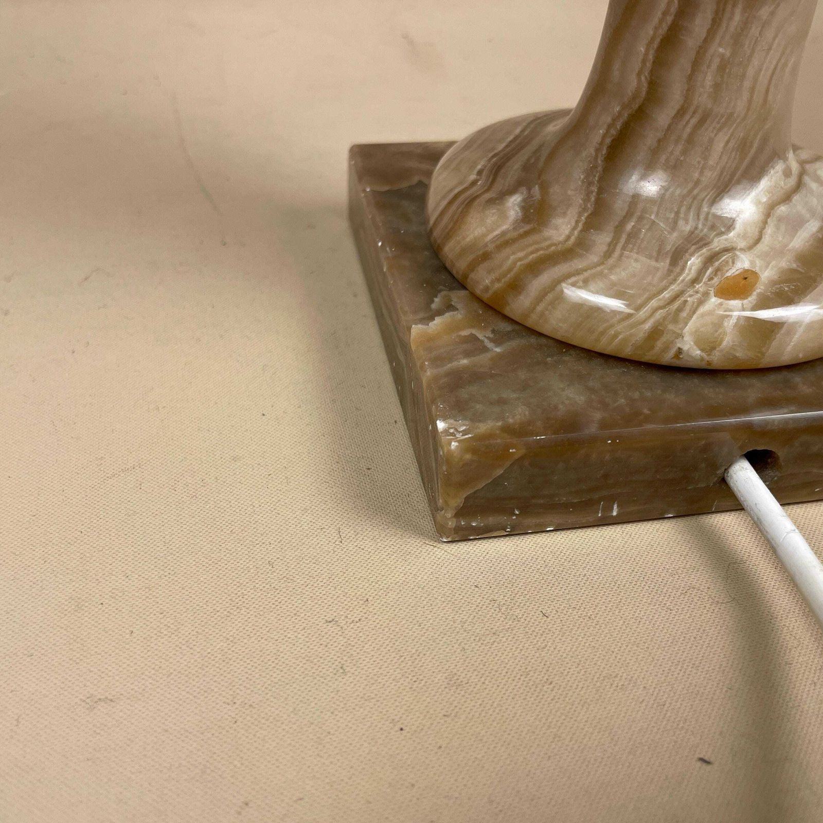 photo furniture Antique Onyx Marble Lamp Light Brown Earth Colour Bedside Side Table Desk Marbled Patterned Vintage Downton Pleated Cream Shade Lampshade