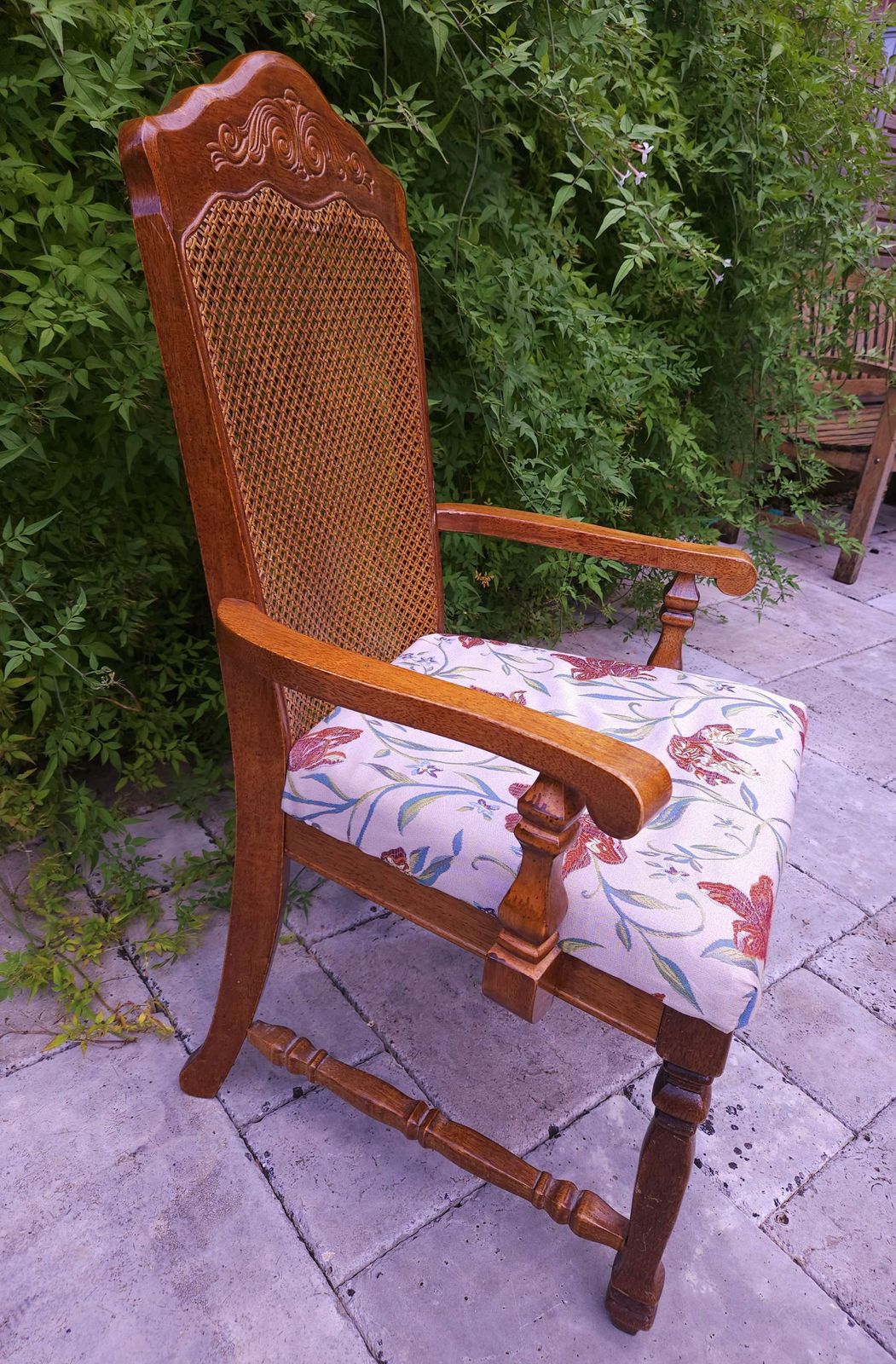 Carver Style Wood & Cane Chair With Shaped, Carved Top photo for sale