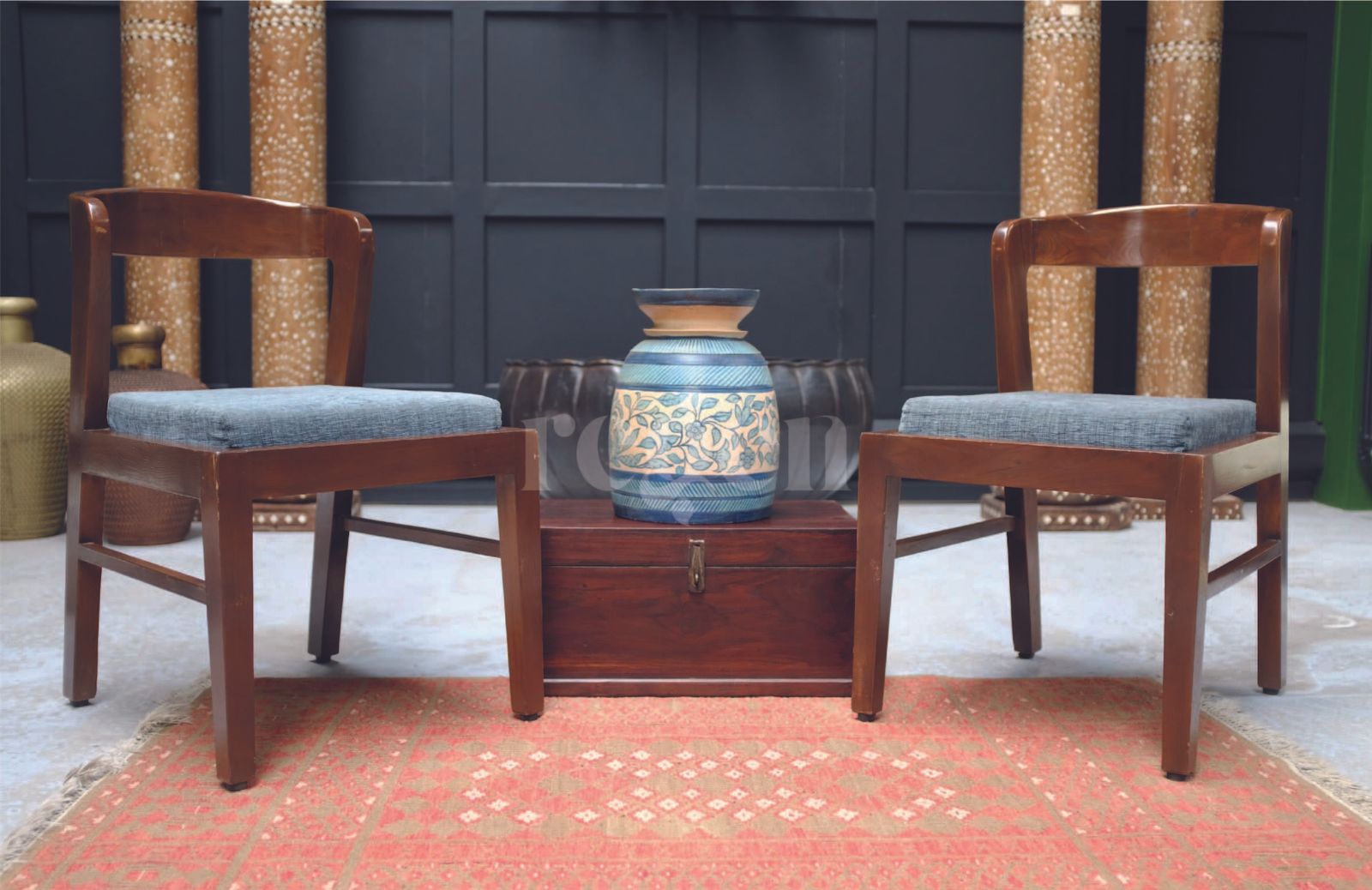 Antique Handcrafted Indian Teak Wood Chairs 1940s | Dining Accent Chairs With Curved Back & Upholstered Seats photo for sale