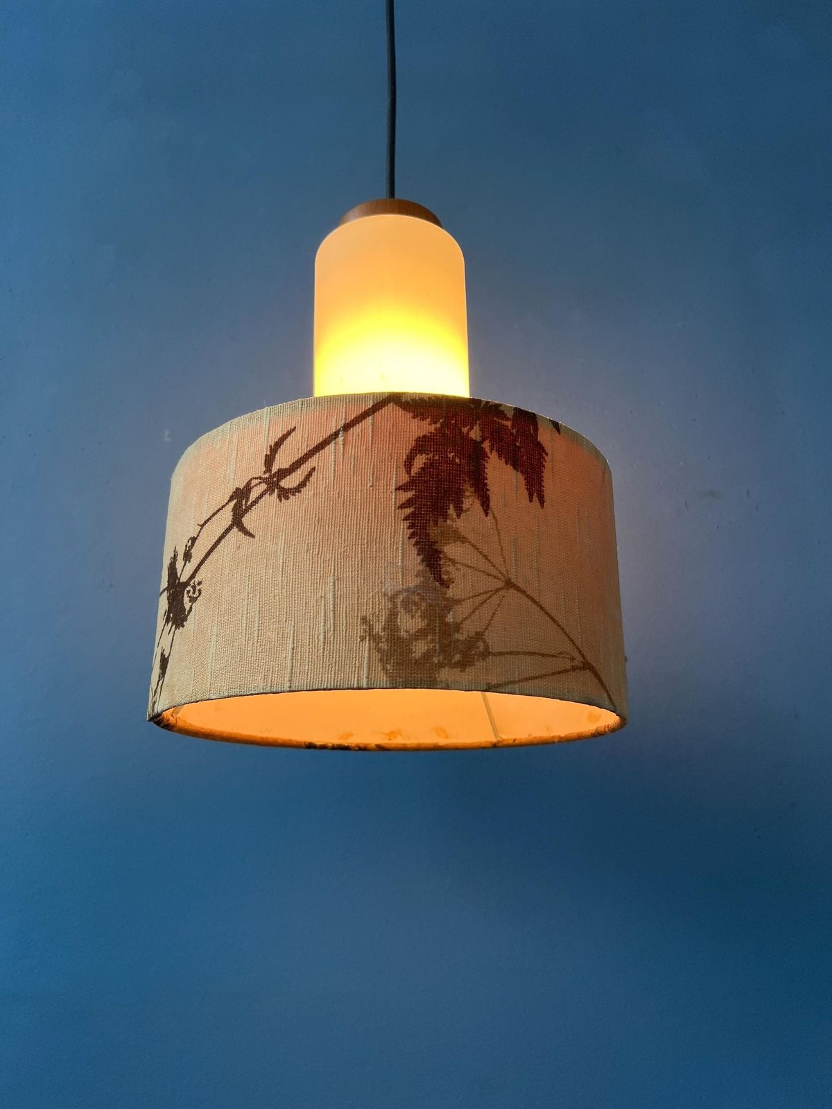 Mid Century Opaline Glass Pendant Lamp With Beige Fabric Jungle Shade