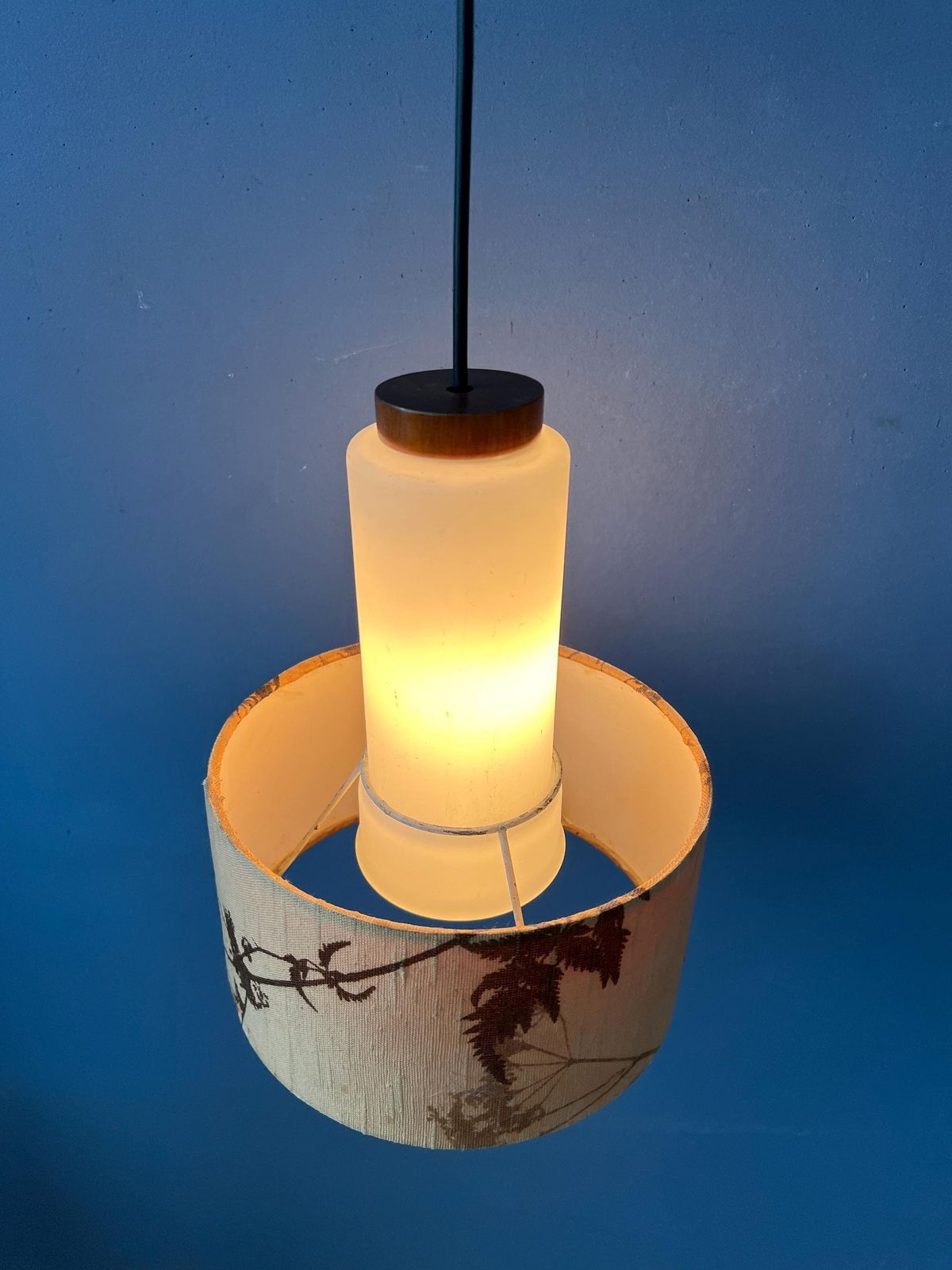 Mid Century Opaline Glass Pendant Lamp With Beige Fabric Jungle Shade photo furniture
