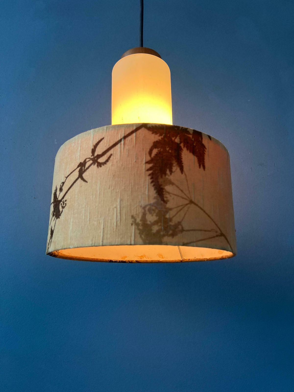 Mid Century Opaline Glass Pendant Lamp With Beige Fabric Jungle Shade photo 171.0