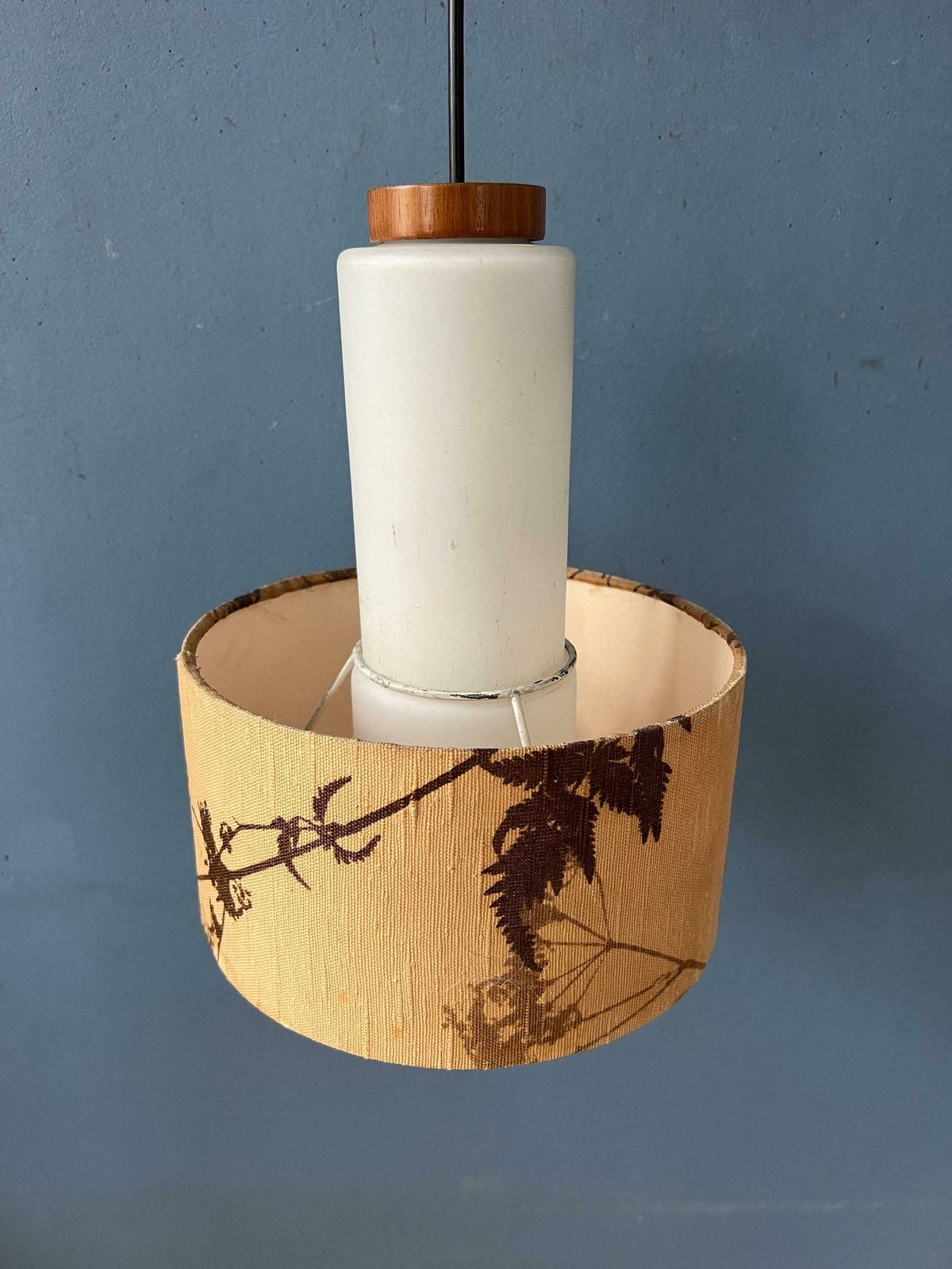 Mid Century Opaline Glass Pendant Lamp With Beige Fabric Jungle Shade photo vinterior