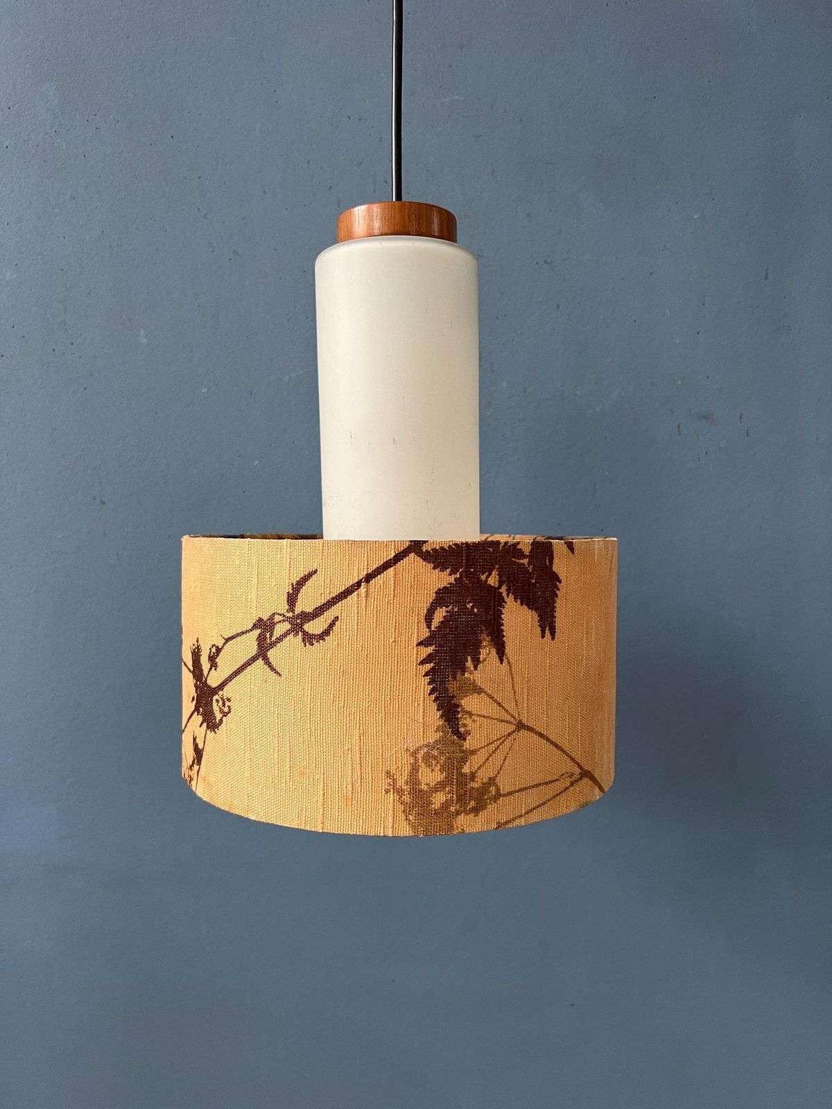 Mid Century Opaline Glass Pendant Lamp With Beige Fabric Jungle Shade photo buy