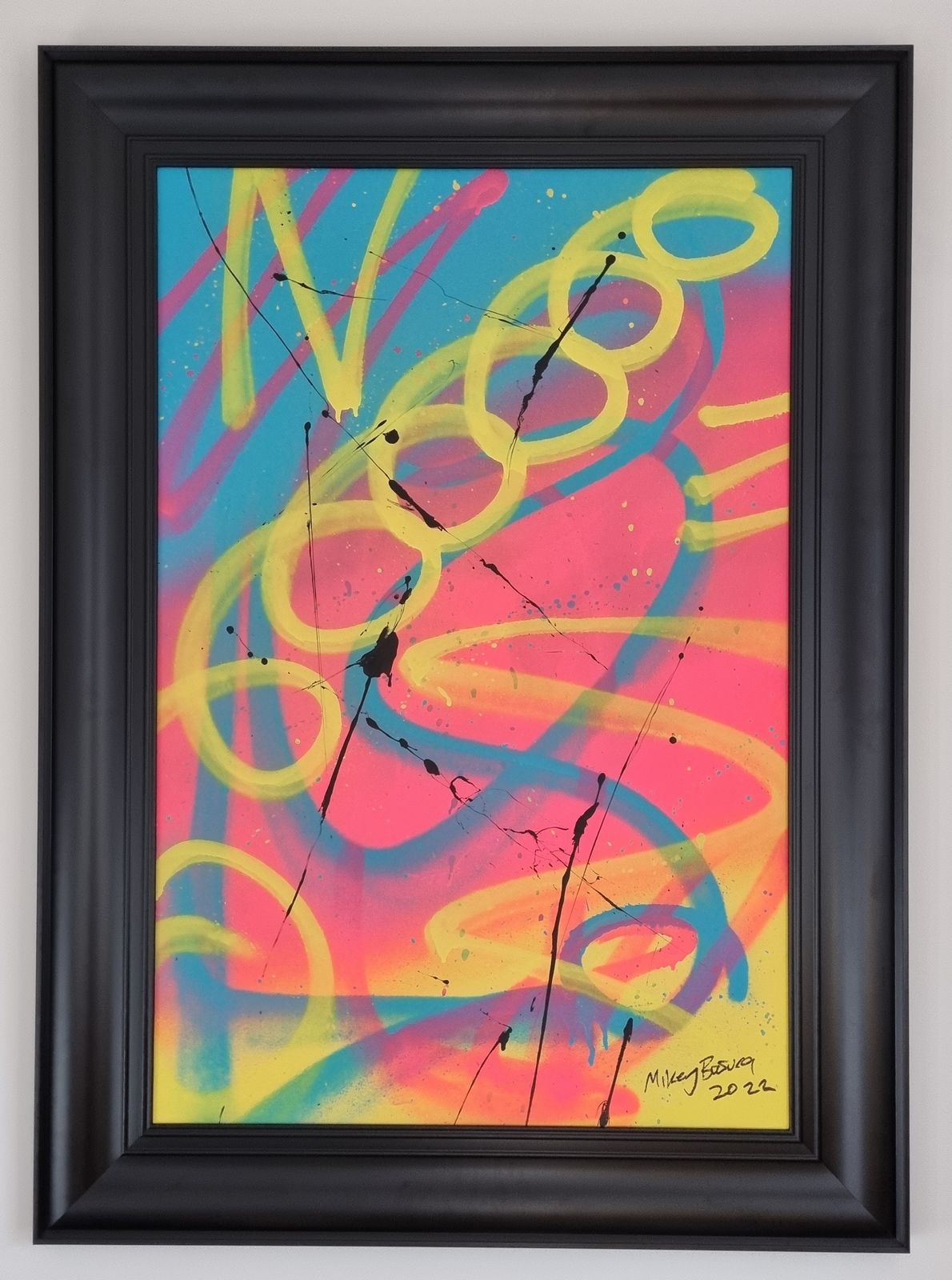 Bright And Large Original Abstract Painting In Pink Blue And Yellow photo furniture