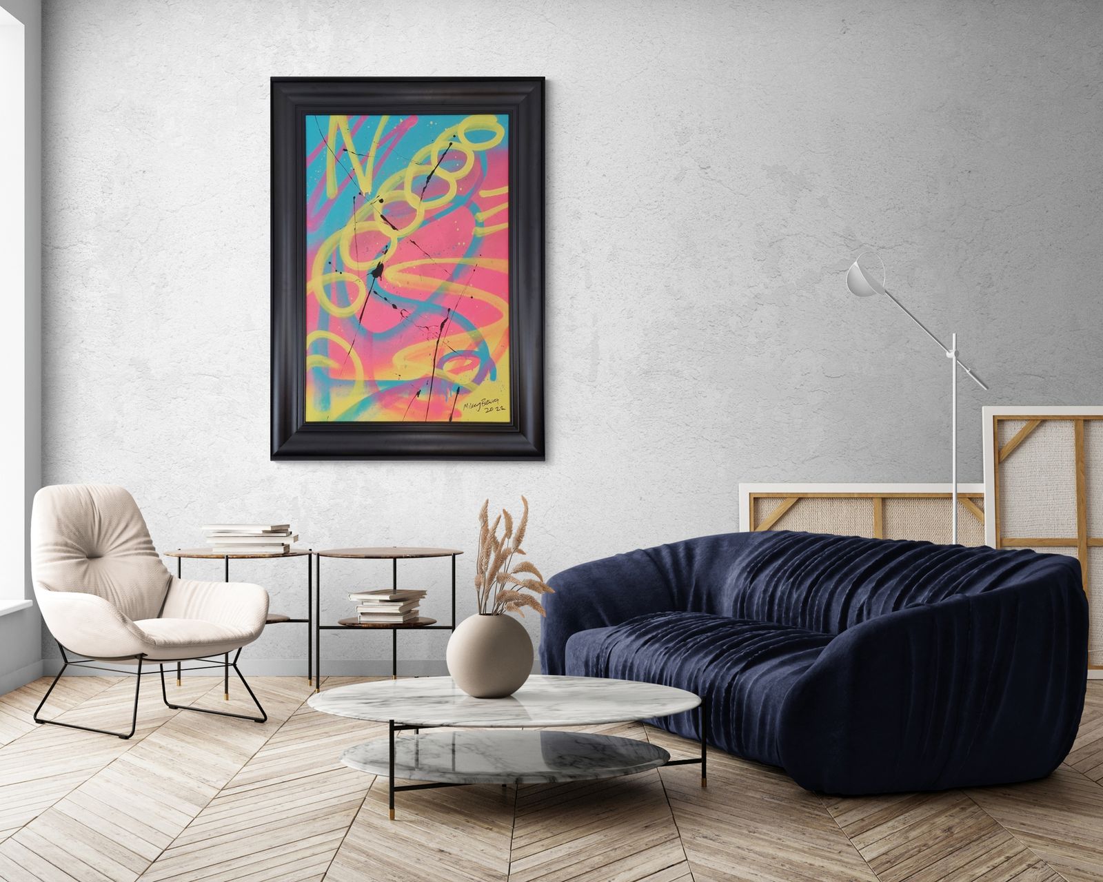 Bright And Large Original Abstract Painting In Pink Blue And Yellow photo for sale
