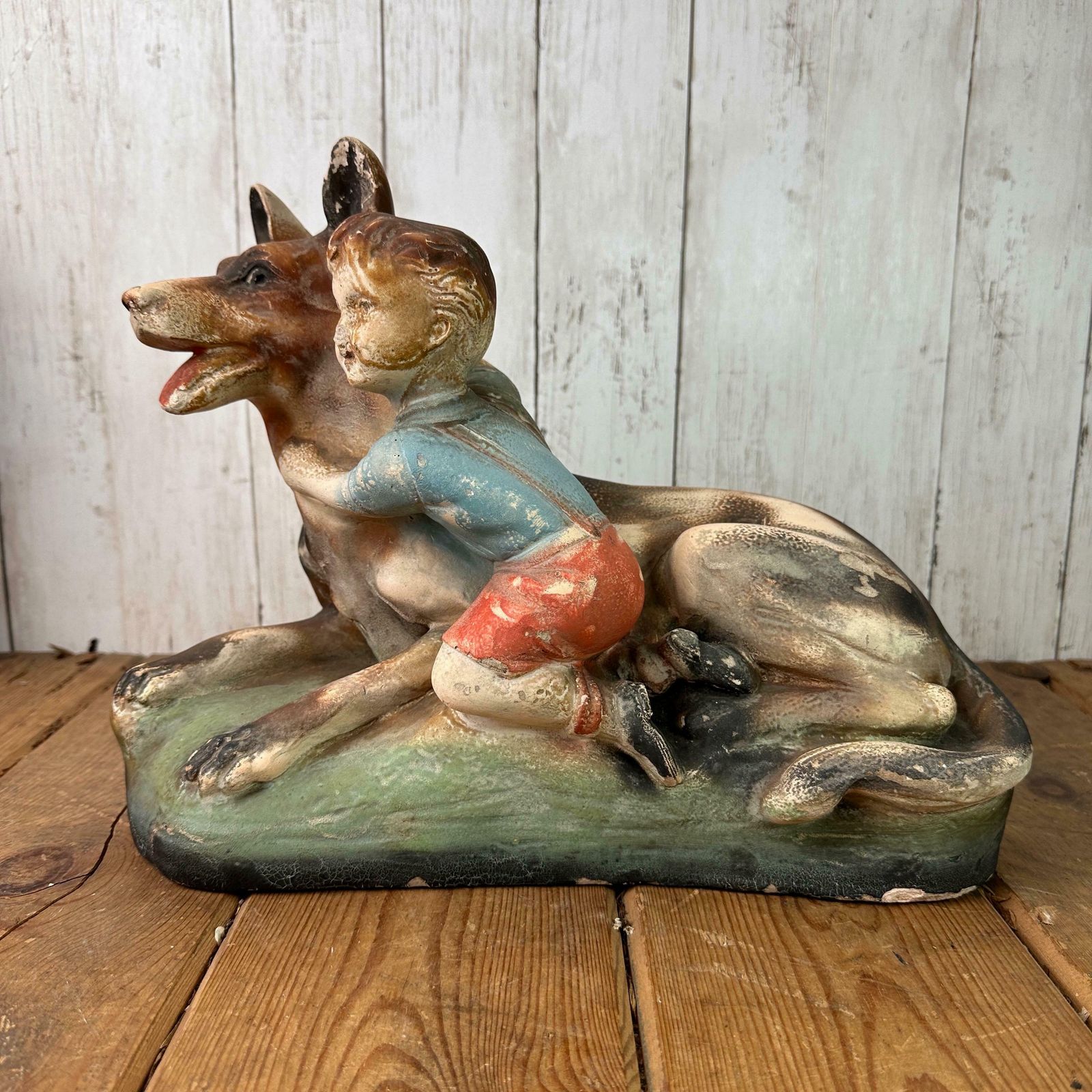 Vintage Chalkware Figure Alsatian & Child, Boy And His Dog photo furniture