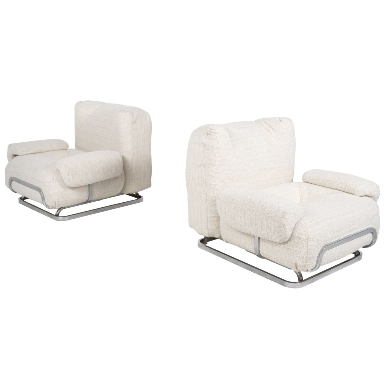 Mid Century Modern Pair Of Armchairs, Chrome And Boucle Fabric – New Upholstery