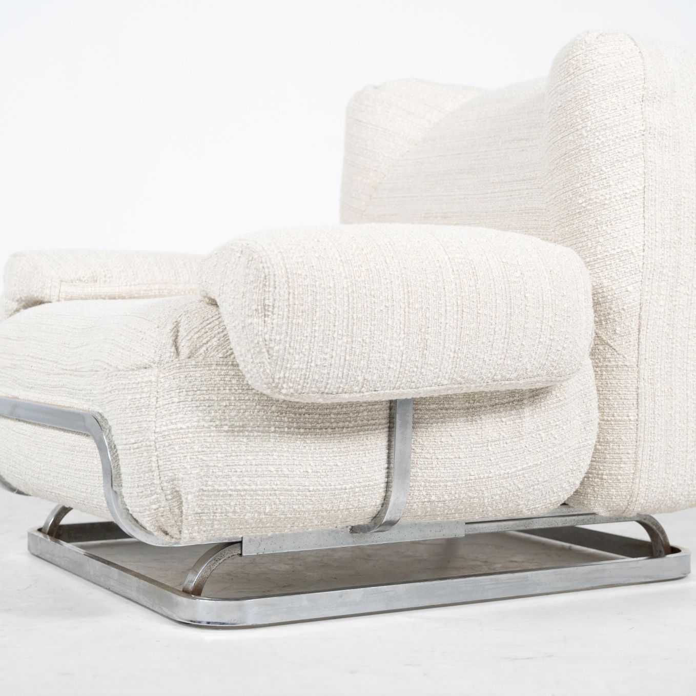 Mid Century Modern Pair Of Armchairs, Chrome And Boucle Fabric – New Upholstery photo for sale