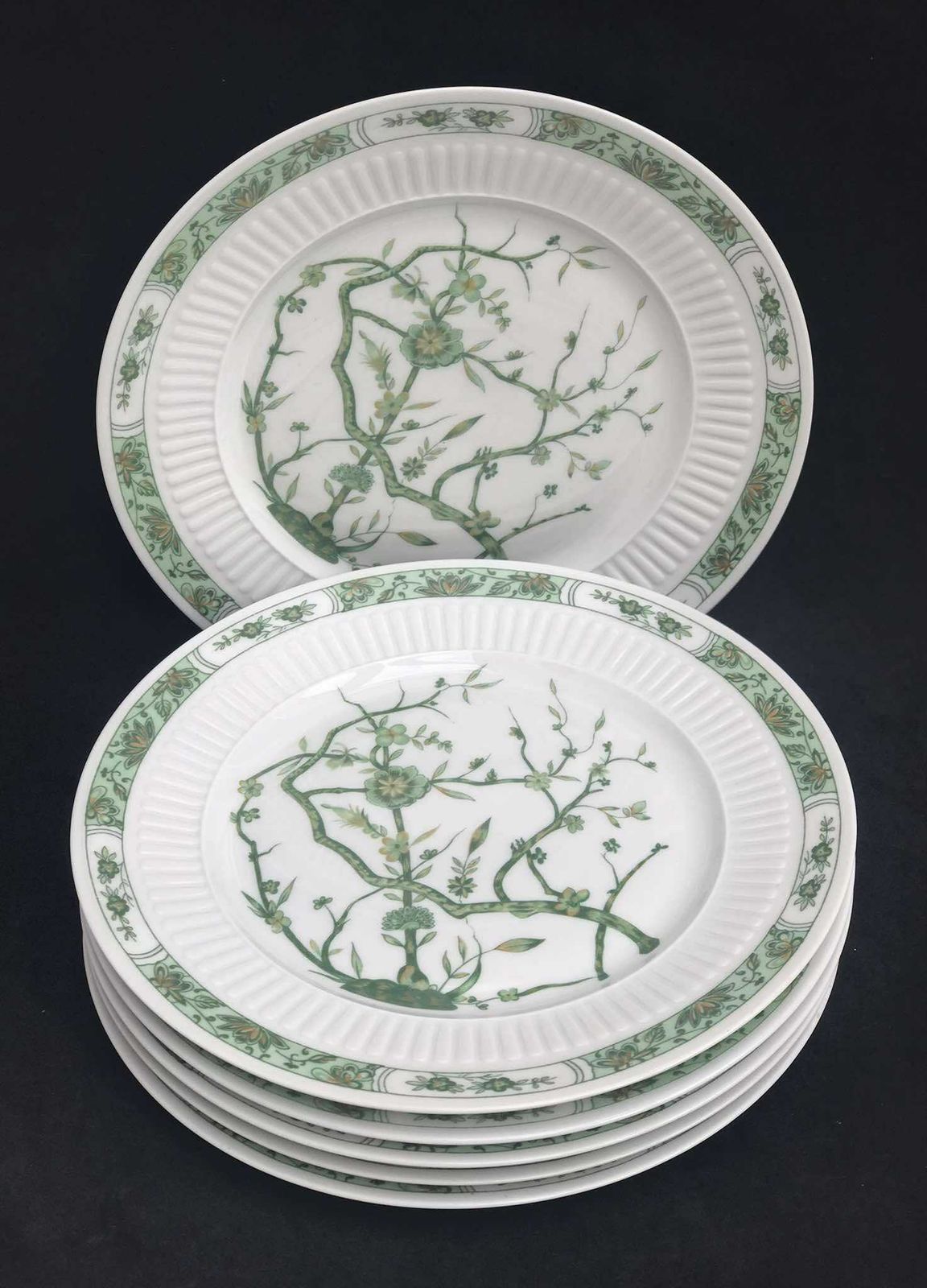 Porcelain Limoges Set 6 Raynaud & Co Fleur De Jade Green Entremets Salad Dessert Plates Green White Leaves French Vintage Wedding Luxury photo Home Decor