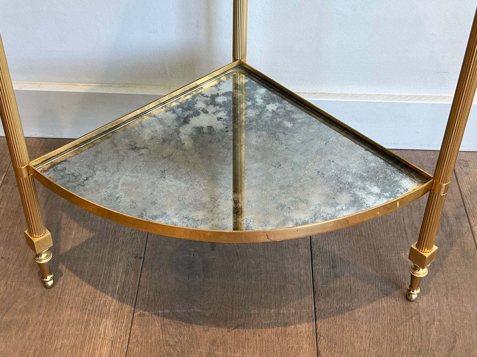 photo for sale Pair Of Gilded Metal Corner Sofa End Tables And Eglomisé Mirror Trays In The Style Of Maison Jansen