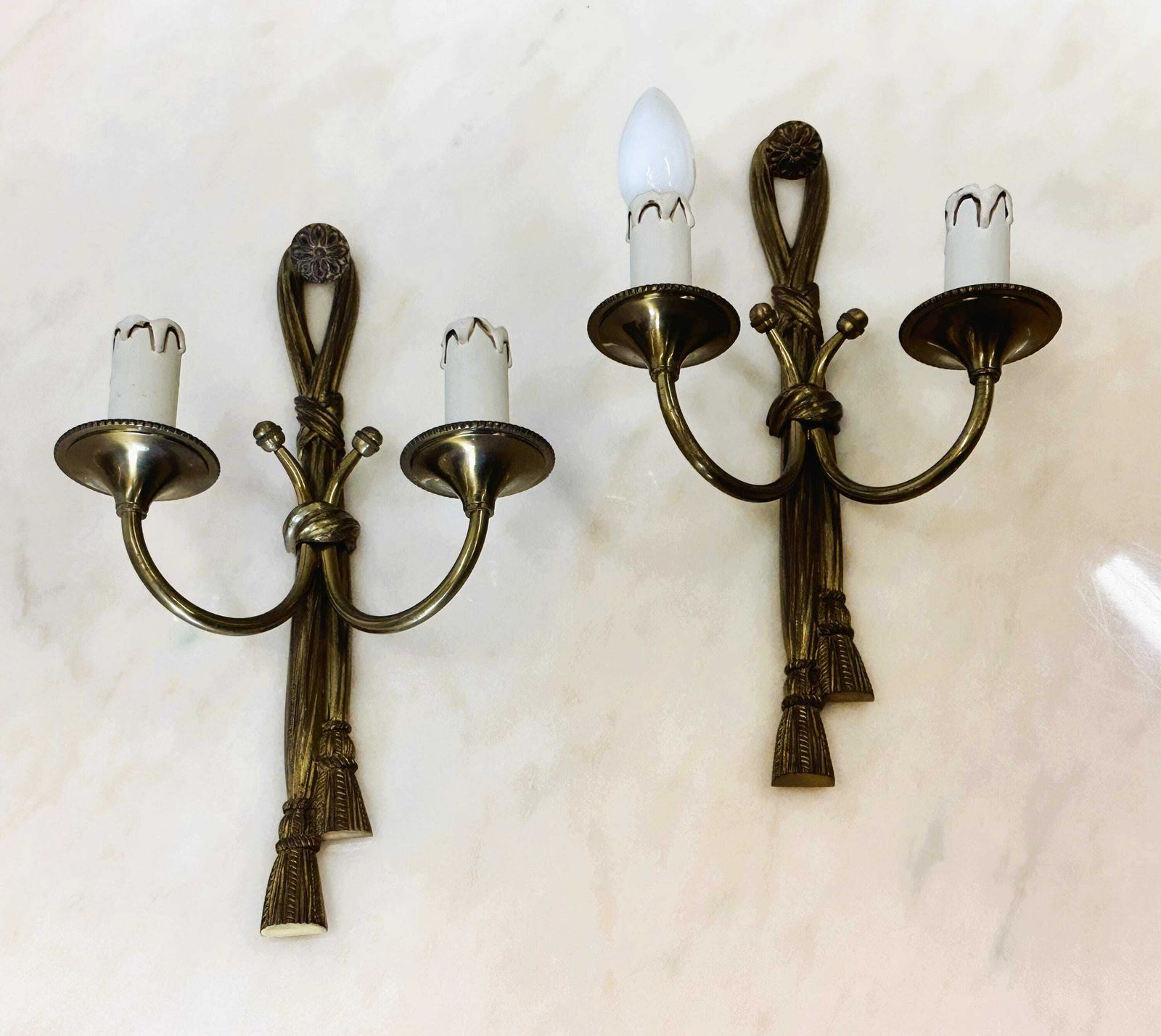 Pair Of Brass Neoclassical Rope Sconces   Wall Lights, France 1950s. photo buy