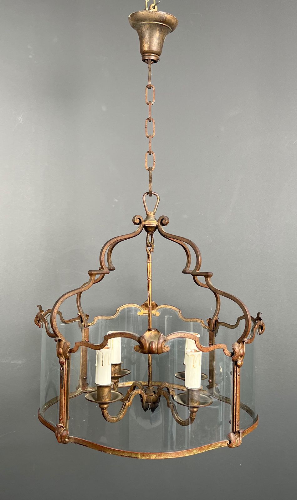 Rare Lantern In Wrought Iron, Gilded And Curved Glass With 4 Lights