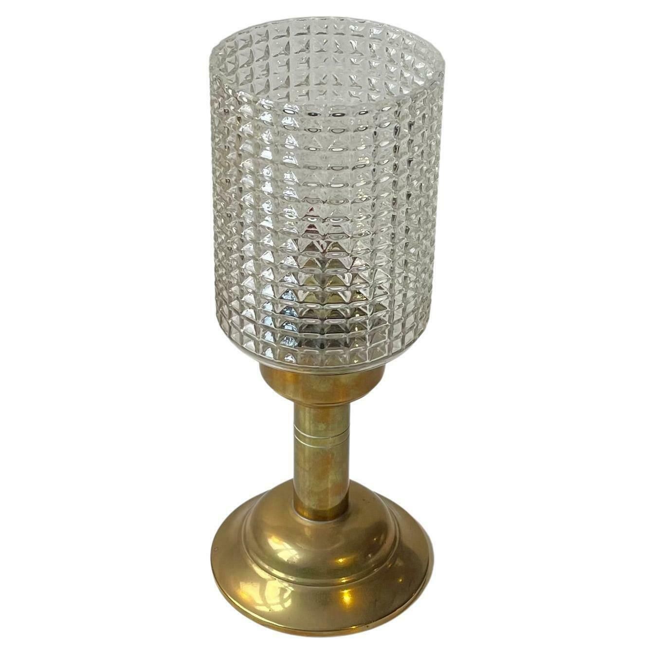 Vintage Scandinavian Table Oil Lamp In Brass & Diamond Glass, 1970s