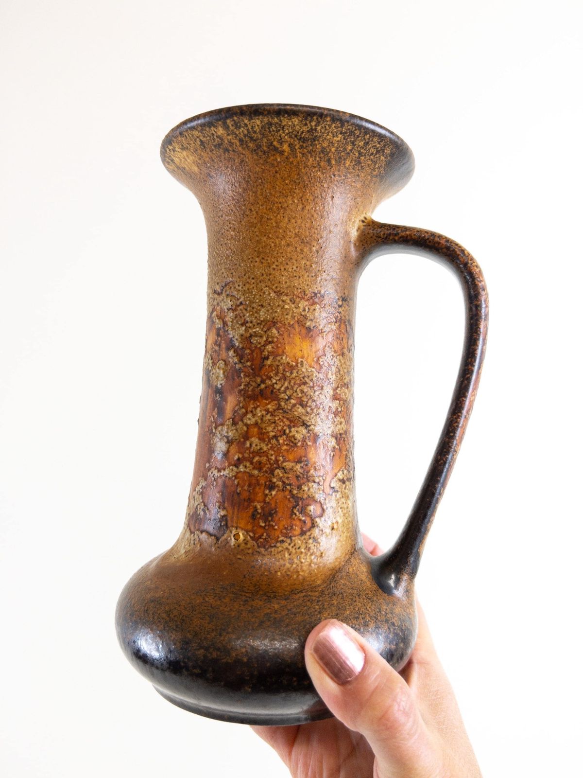 Steuler Ceramic Vase With Copper Brown Crusty Fat Lava Glaze 715 20   West German Pottery   Earthy Vintage Jug photo for sale
