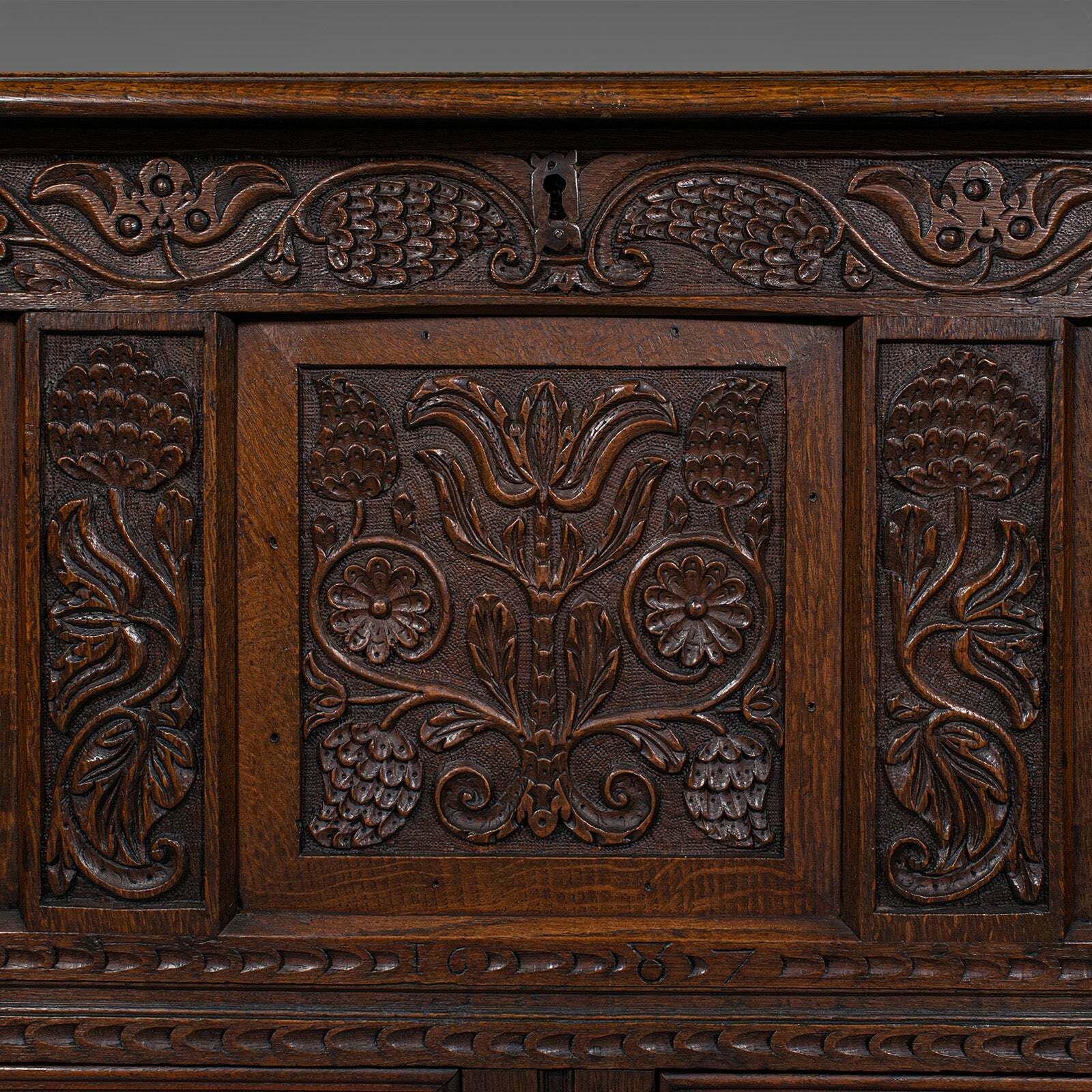 Furniture Large Antique Mule Chest, English, Carved Oak, Coffer, William III, Circa 1700 photo