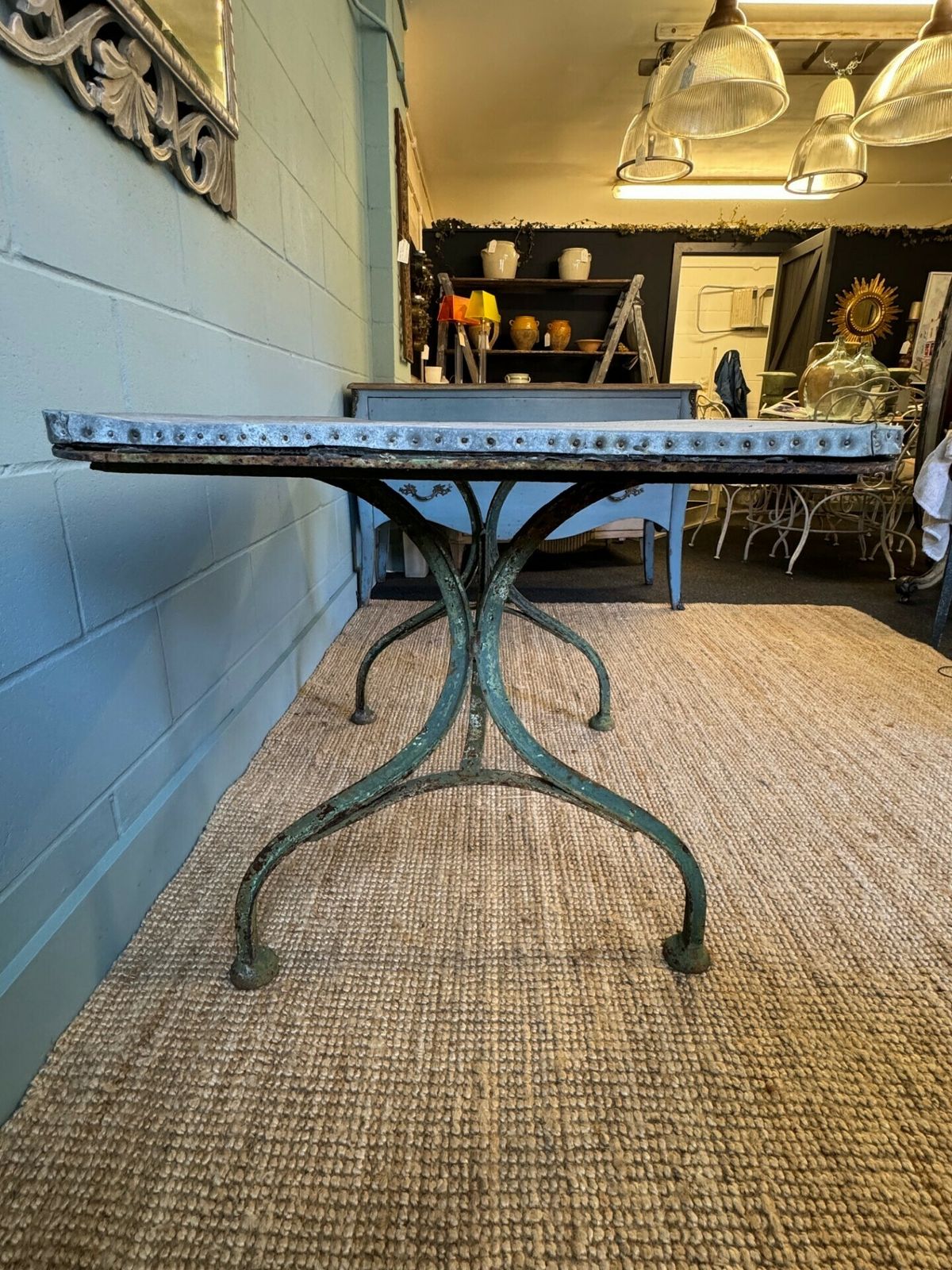 A French Zinc Top Industrial Style Garden/Interior Table (Circa 1900 Or Earlier) & Set Of Six Folding French Chairs photo 1735.0