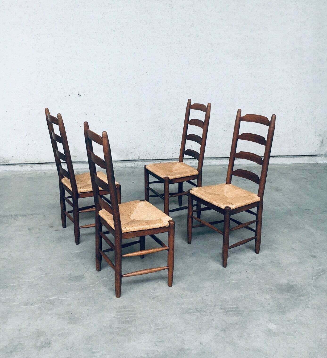 Rustic Design Ladder Back Oak & Rush Dining Chair Set, Belgium 1960's photo Furniture