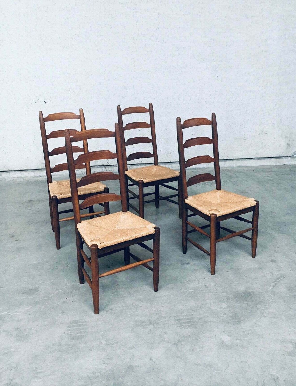 Rustic Design Ladder Back Oak & Rush Dining Chair Set, Belgium 1960's photo 950.0