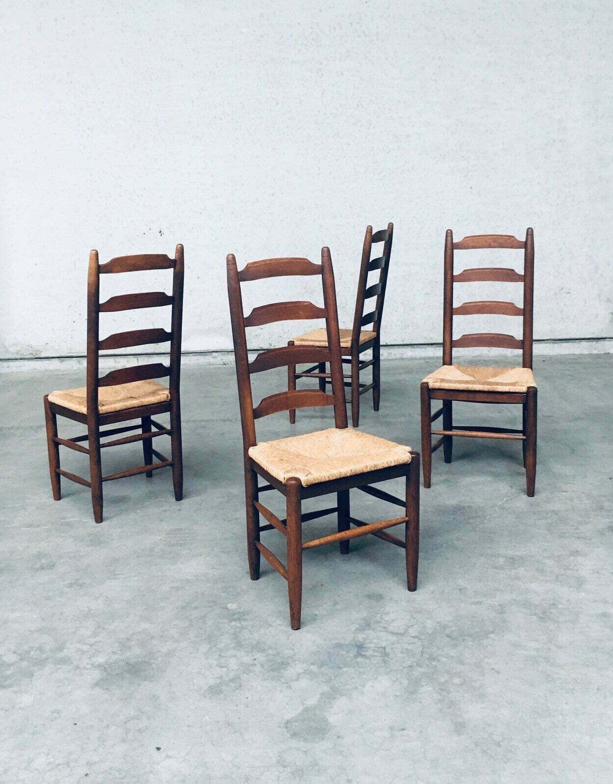 Rustic Design Ladder Back Oak & Rush Dining Chair Set, Belgium 1960's photo buy
