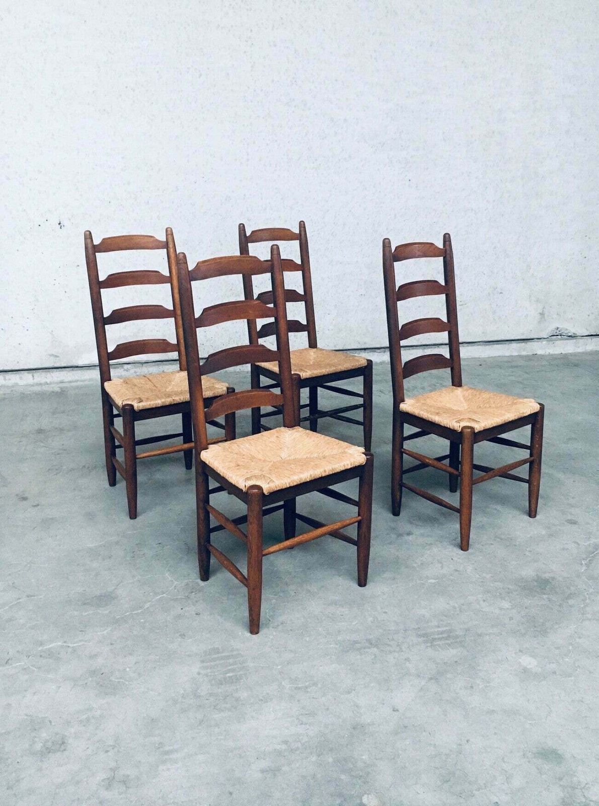 Furniture Rustic Design Ladder Back Oak & Rush Dining Chair Set, Belgium 1960's photo