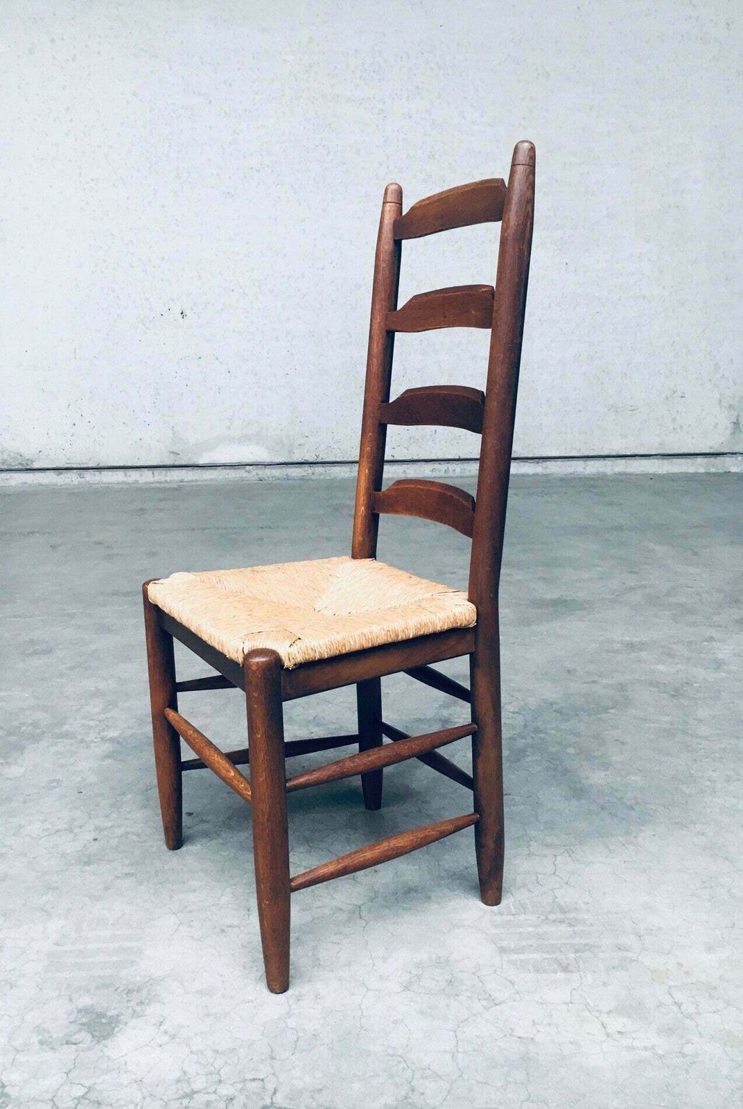 photo buy Rustic Design Ladder Back Oak & Rush Dining Chair Set, Belgium 1960's