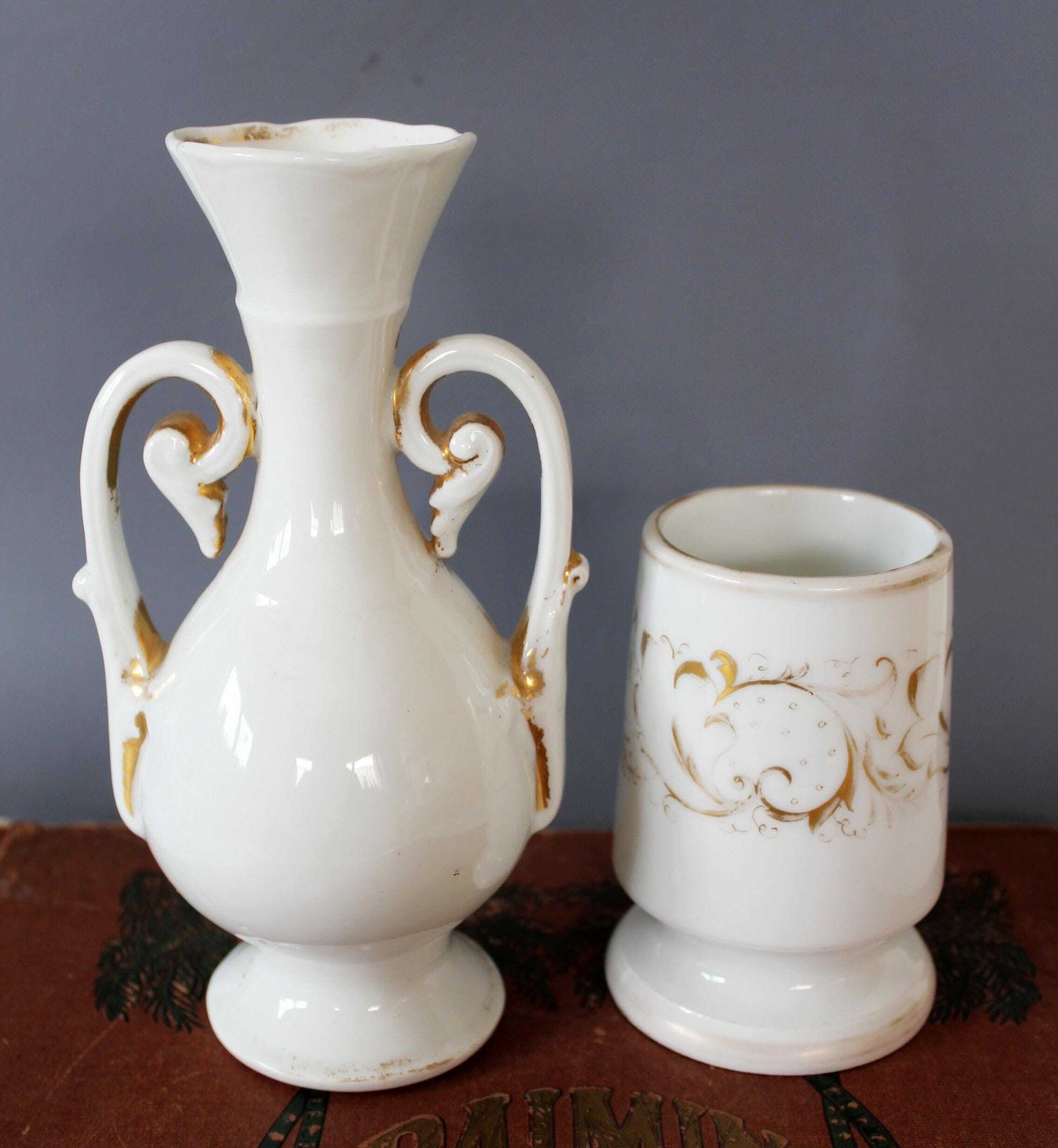 Two Antique Vieux Paris Porcelain Vases, 19th Century, Deep Bowl, Desk Organiser, Louis Philippe, White Glaze, Gold Decoration, Bud Vase