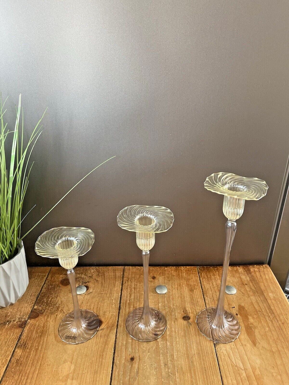 Rare Graduated Set Of 3 Venetian Renate Gaudini Ribbed Murano Glass Candlestick photo furniture