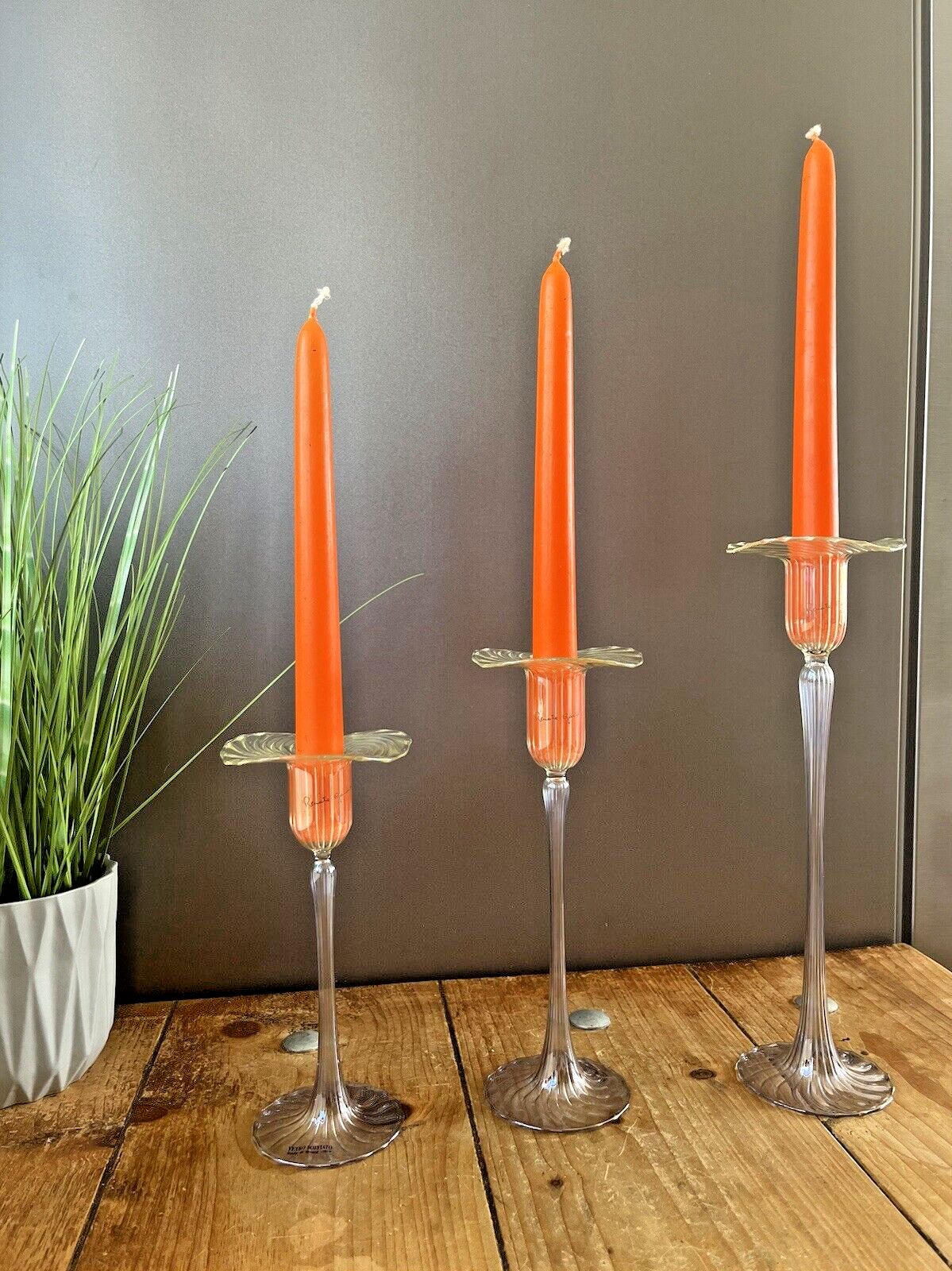 Rare Graduated Set Of 3 Venetian Renate Gaudini Ribbed Murano Glass Candlestick photo 265.0