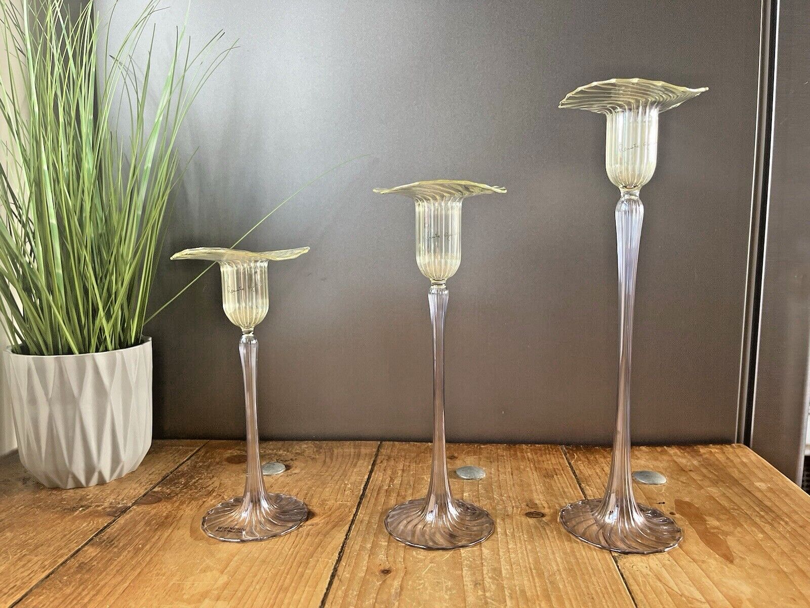 photo furniture Rare Graduated Set Of 3 Venetian Renate Gaudini Ribbed Murano Glass Candlestick