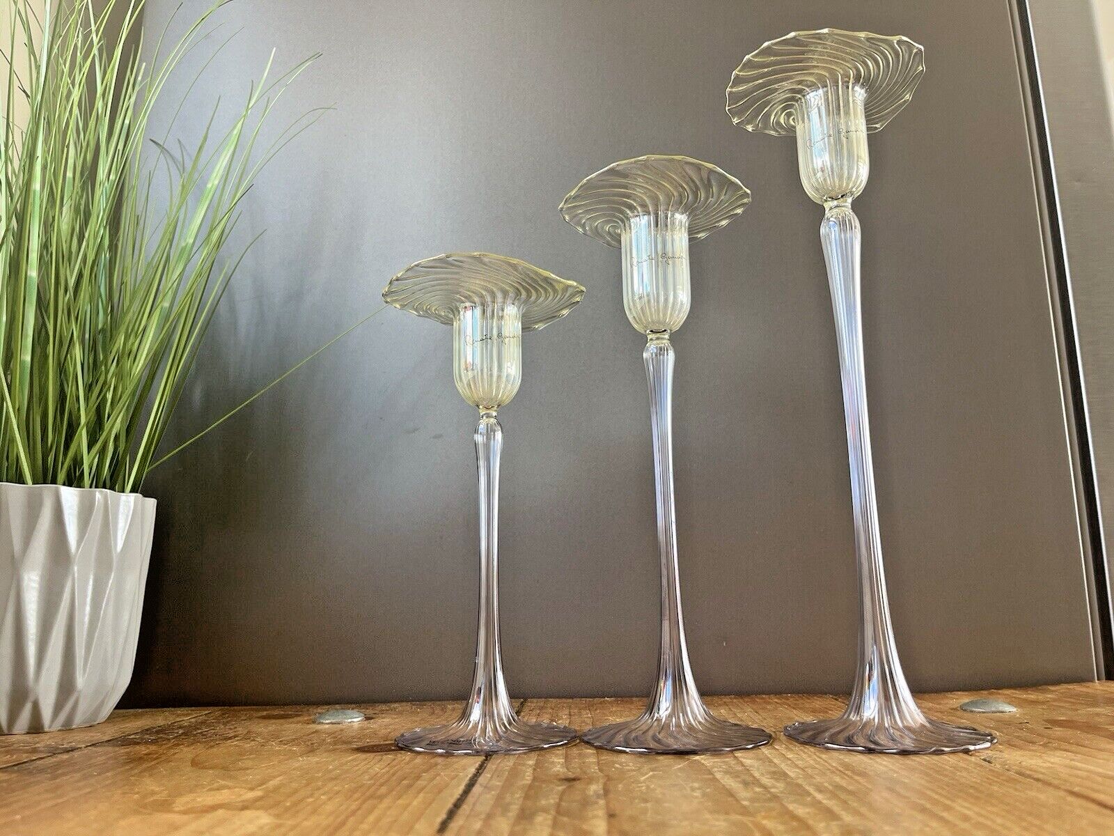 photo vinterior Rare Graduated Set Of 3 Venetian Renate Gaudini Ribbed Murano Glass Candlestick