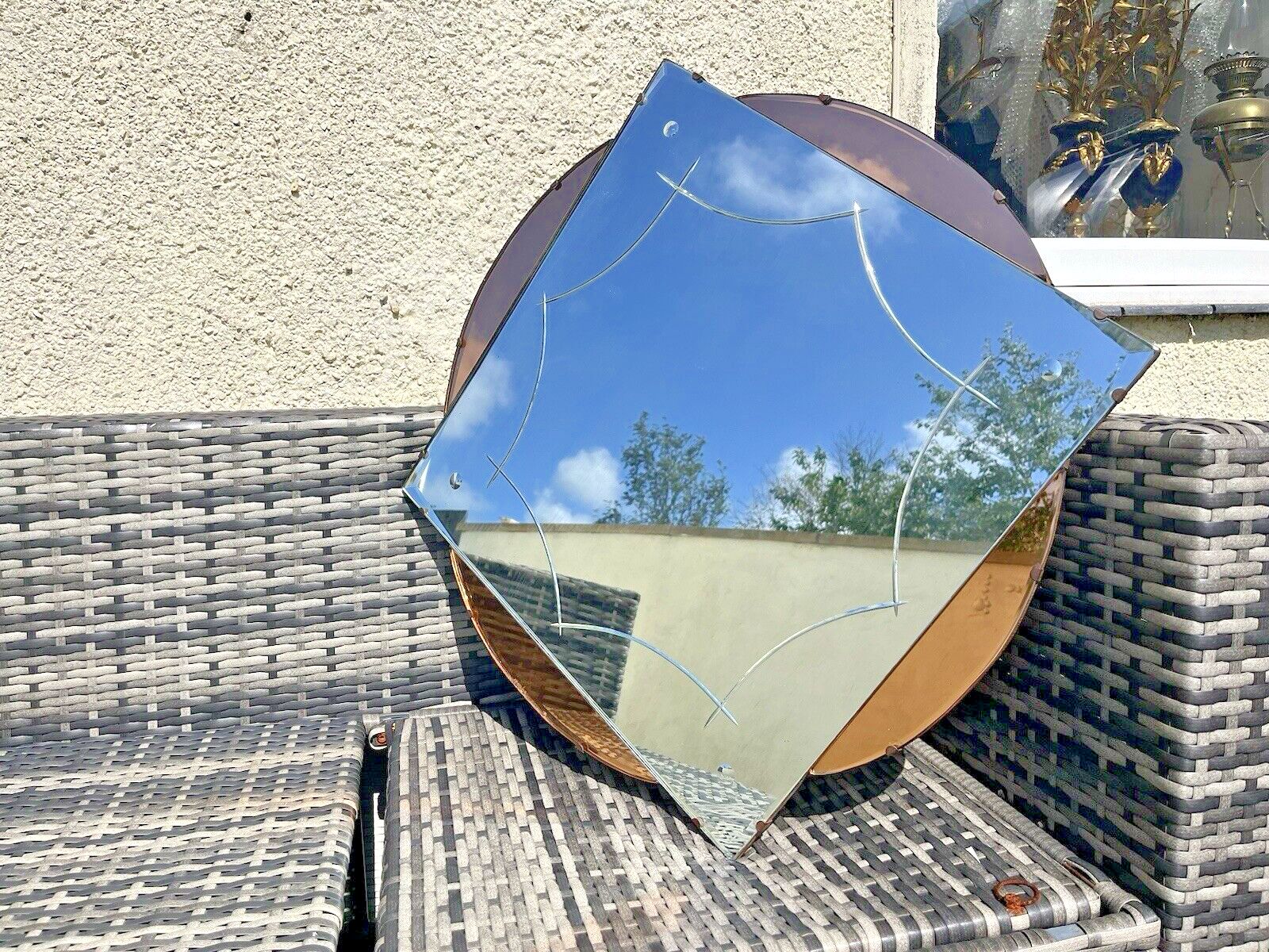 Huge 28" Beautiful 1930's Art Deco Flower Shaped Over Mantel Mirror Peach Copper photo Home Decor