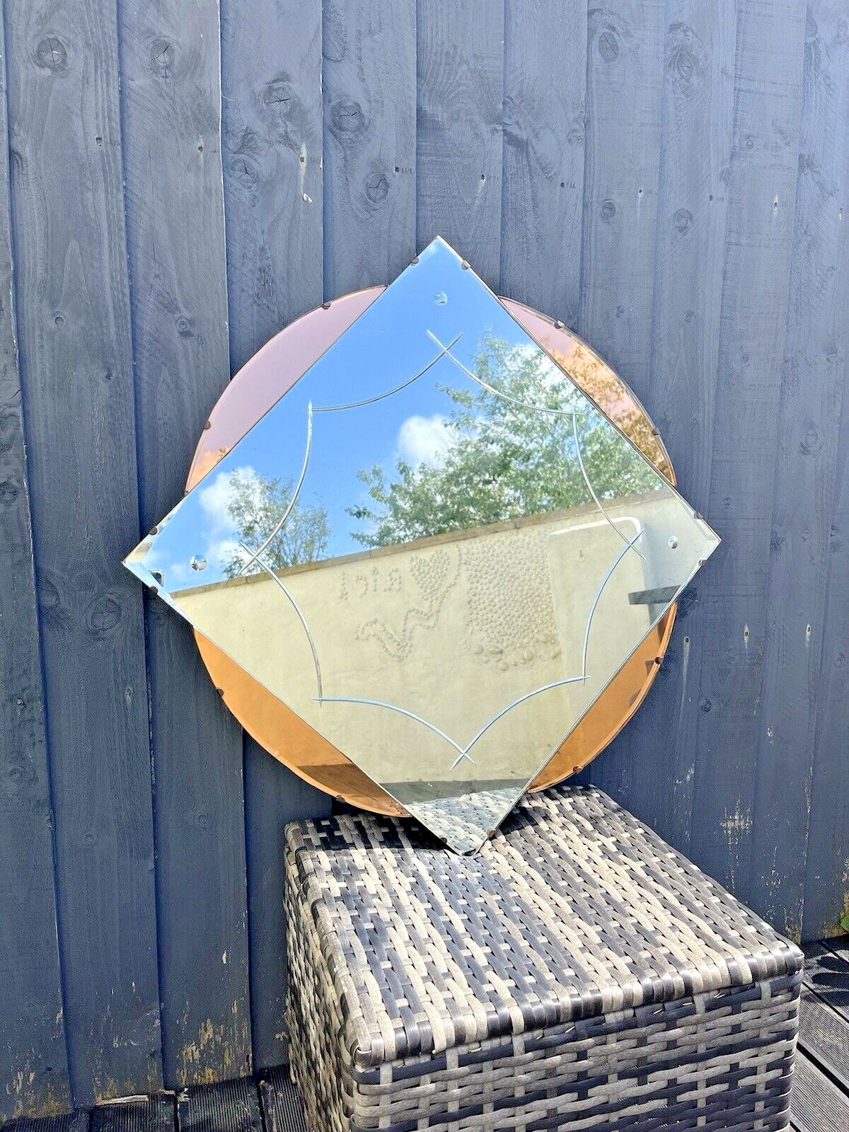 Huge 28" Beautiful 1930's Art Deco Flower Shaped Over Mantel Mirror Peach Copper photo 575.0