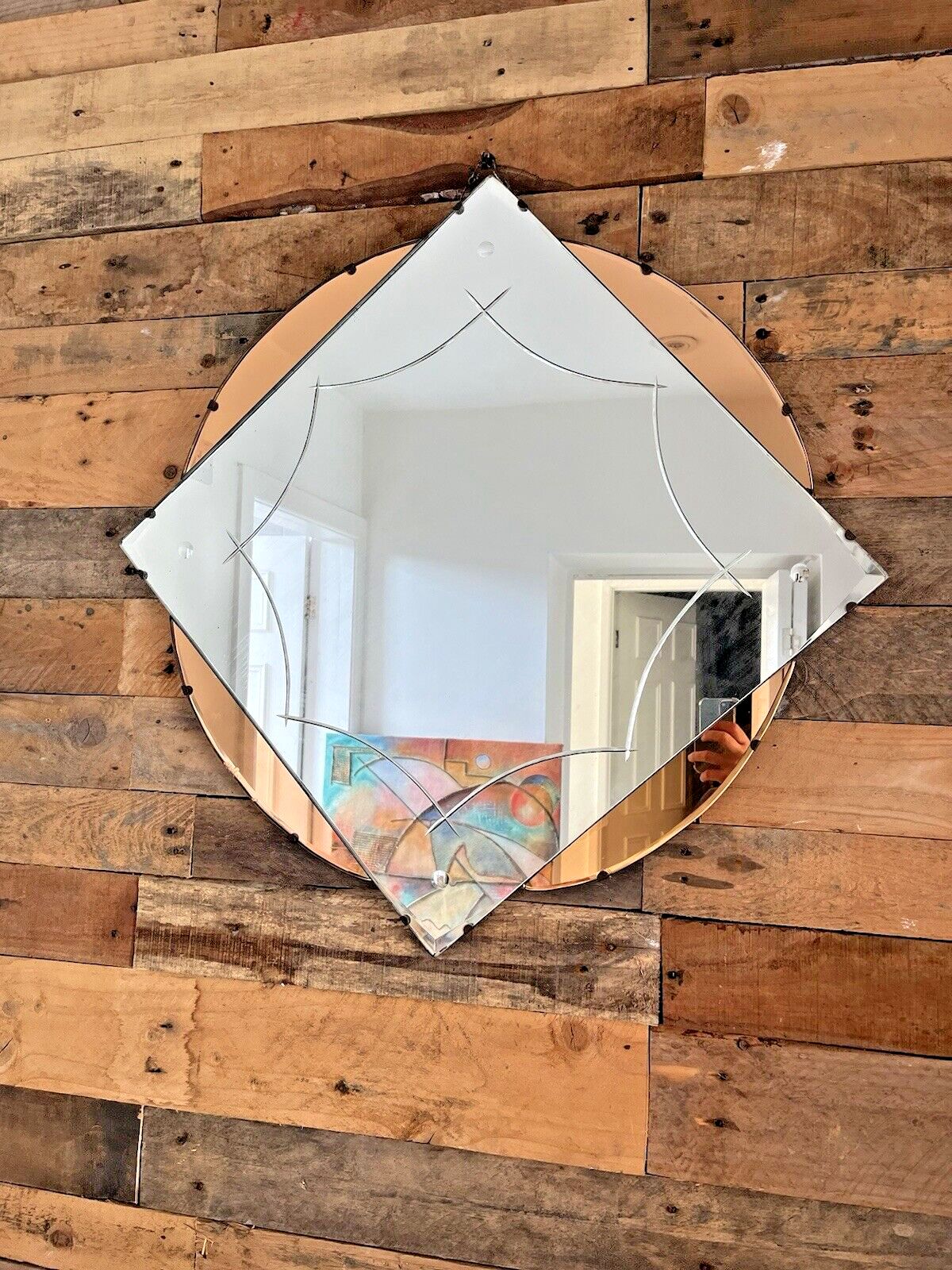 photo vinterior Huge 28" Beautiful 1930's Art Deco Flower Shaped Over Mantel Mirror Peach Copper