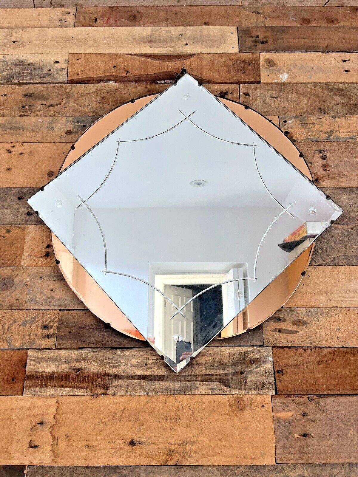 photo buy Huge 28" Beautiful 1930's Art Deco Flower Shaped Over Mantel Mirror Peach Copper