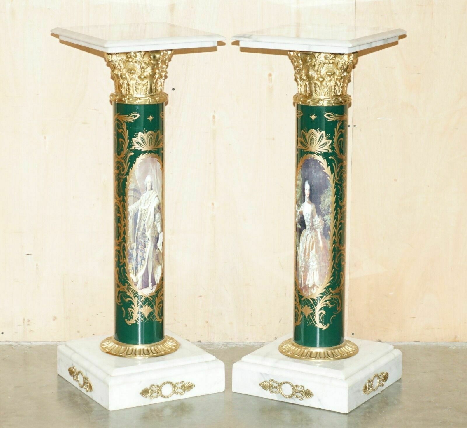 Stunning Pair Of Royal Italian Carrara Marble & Enamel Painted Brass Pillars