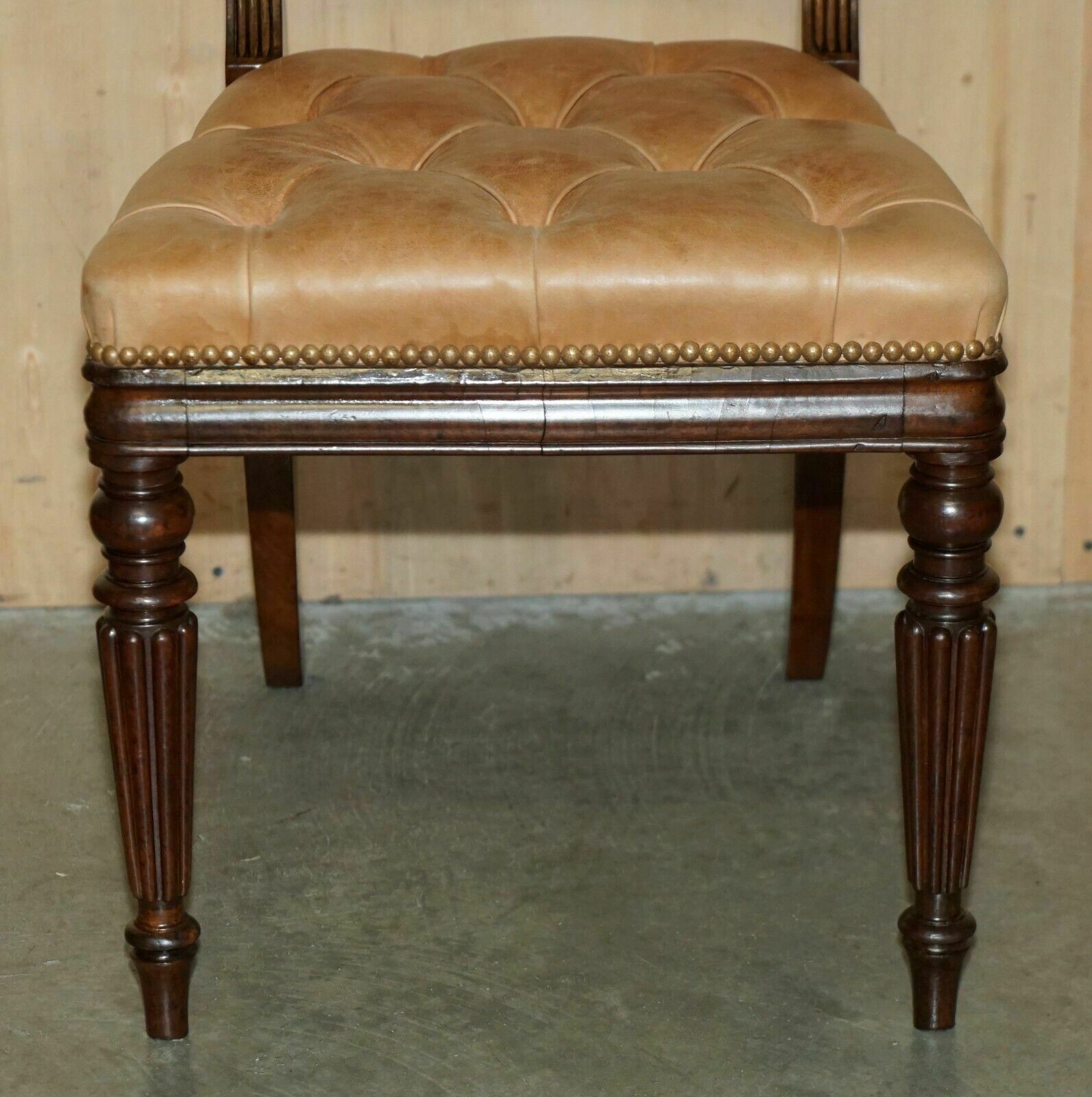 photo for sale Six Fine Antique Regency 1820 Brown Leather Mahogany Chesterfield Dining Chairs